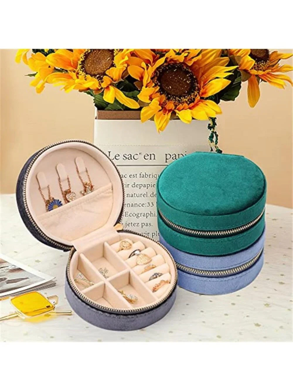 Round Velvet Jewelry Box Small Travel Organizer Case Women Grey Zipper